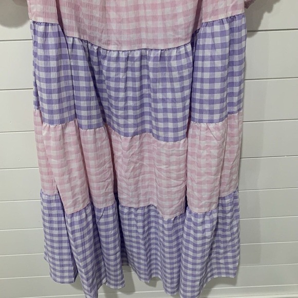 Eloquii | Midi Dress Pink Gingham Check Off the Shoulder Tiered NWT- Size 22 - Picture 3 of 11